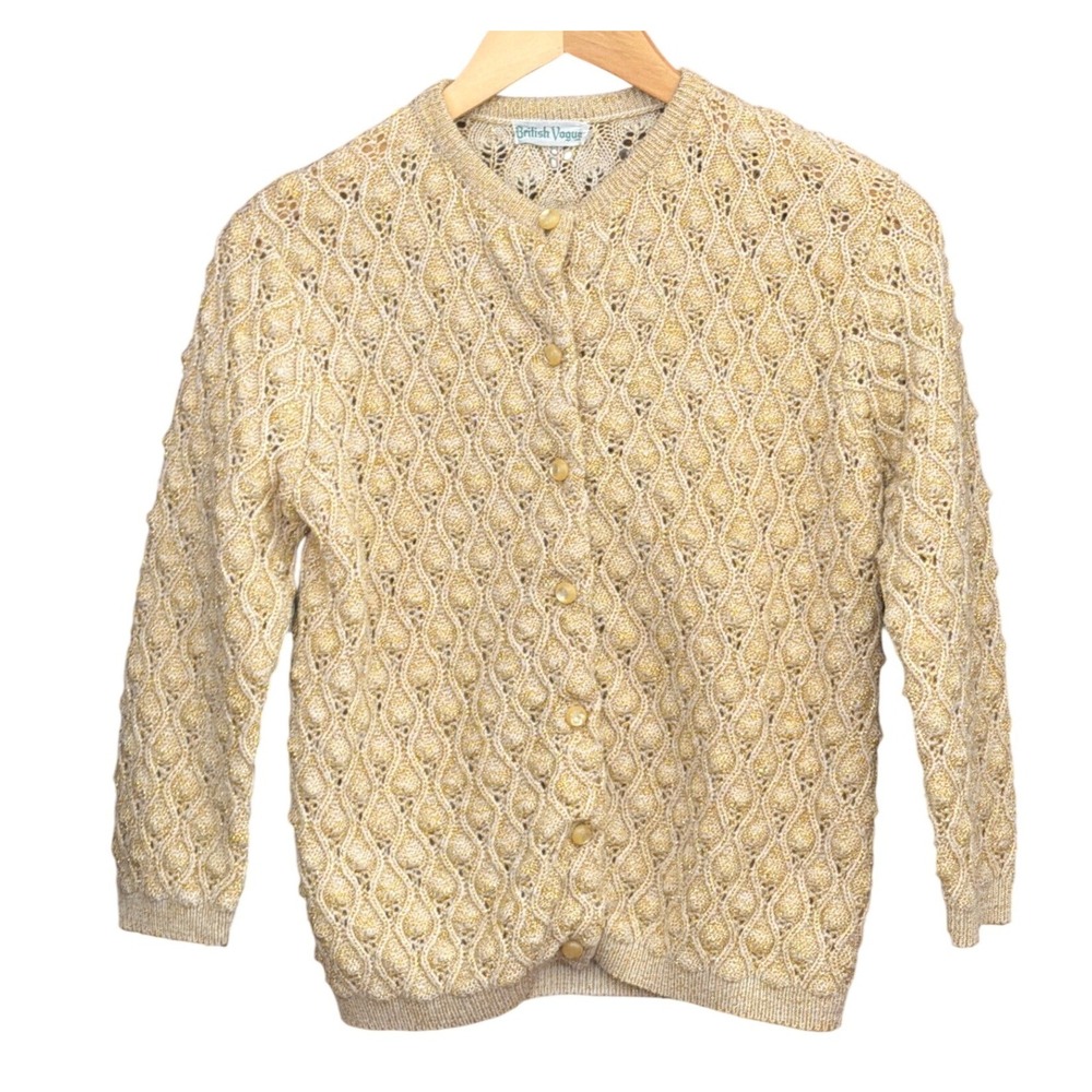 Vintage British Vogue Cardigan Sweater Grandmacore Cottagecore Gold Metallic
